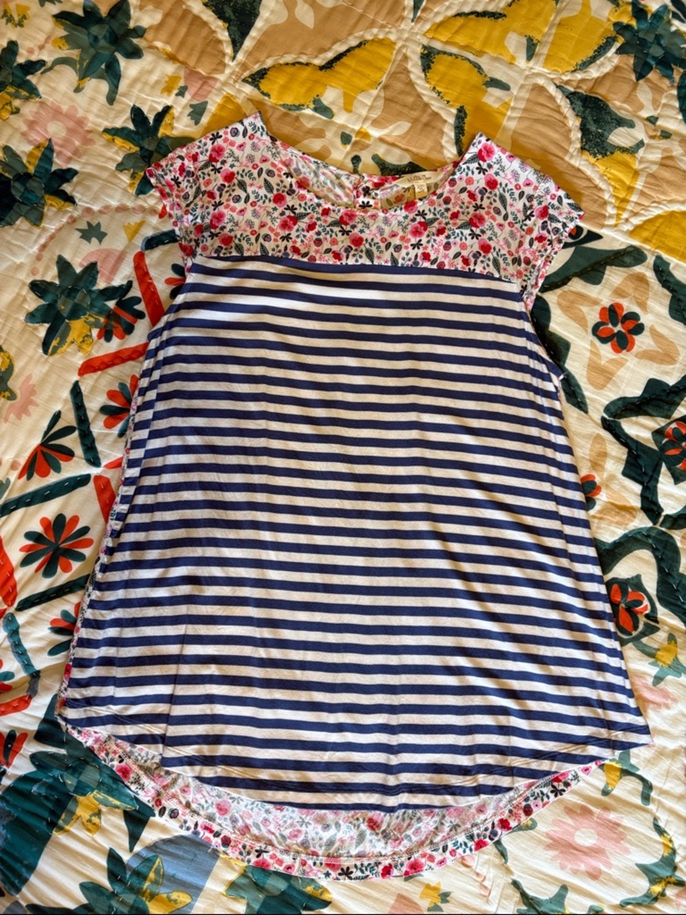 Matilda Jane Navy & White Striped Top with Pink Floral Yoke and back